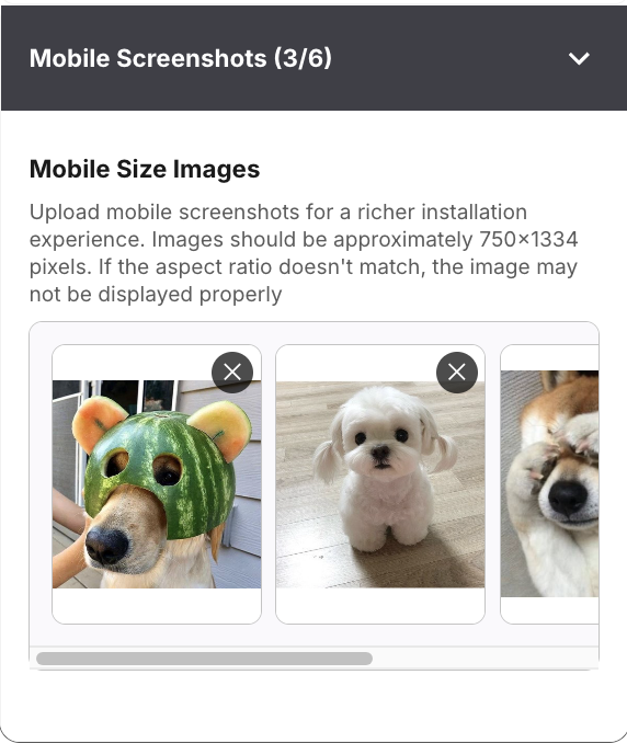 Console — Mobile Screenshots panel with up to 6 image slots